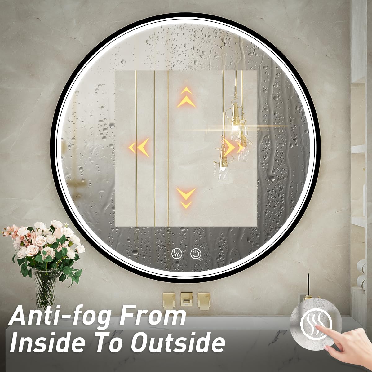 36 Inch LED Round Bathroom Mirror with Light - Black Metal Frame, 6000K Vanity Mirror, Wall Mounted, Anti-Fog, Dimmable Touch Switch, Waterproof IP54 - Perfect for Makeup, Shaving & Home Decor