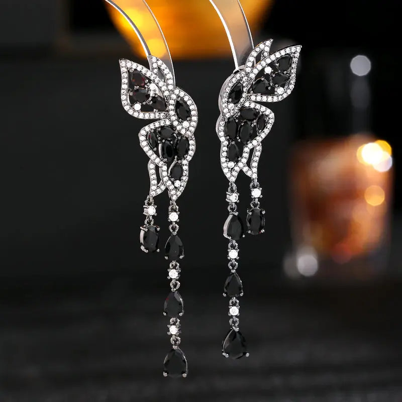 Sparkling Cubic Zirconia Butterfly Water Drop Tassel Earrings for Women - Elegant Bridal Wedding Jewelry Accessories - Perfect for Evening Parties, Prom & Special Occasions