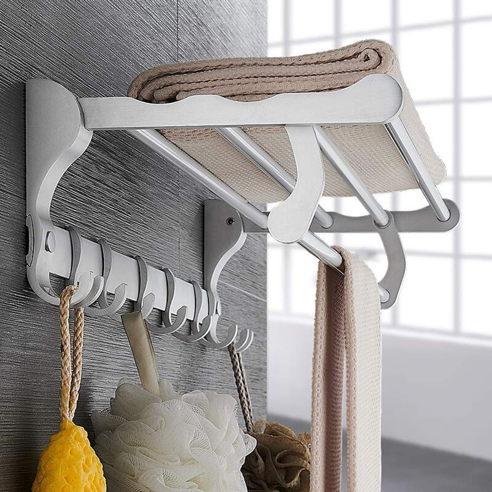 JRMM 20 Inch Wall Mounted Bathroom Towel Rack with Shelf - Space Saving Folding Shelf Organizer with Towel Bar & Hooks - Perfect for Bathroom, Kitchen, Bedroom & Living Room Storage - Ideal for Small Spaces & Home Organization