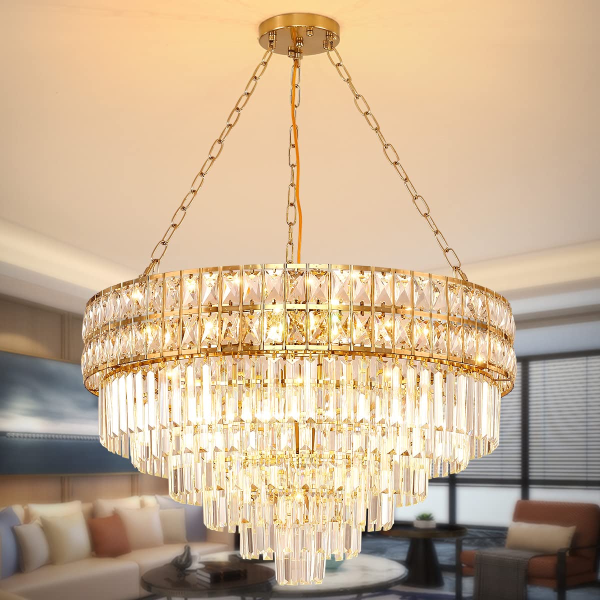 Elegant Modern Crystal Chandelier with Gold Finish - 75cm Round Pendant Light Fixture for Living Room, Dining Room & Restaurant Decor | E14 Base x 15 Lights | Perfect for Wedding Venues, Luxury Homes and Hotel Lobbies