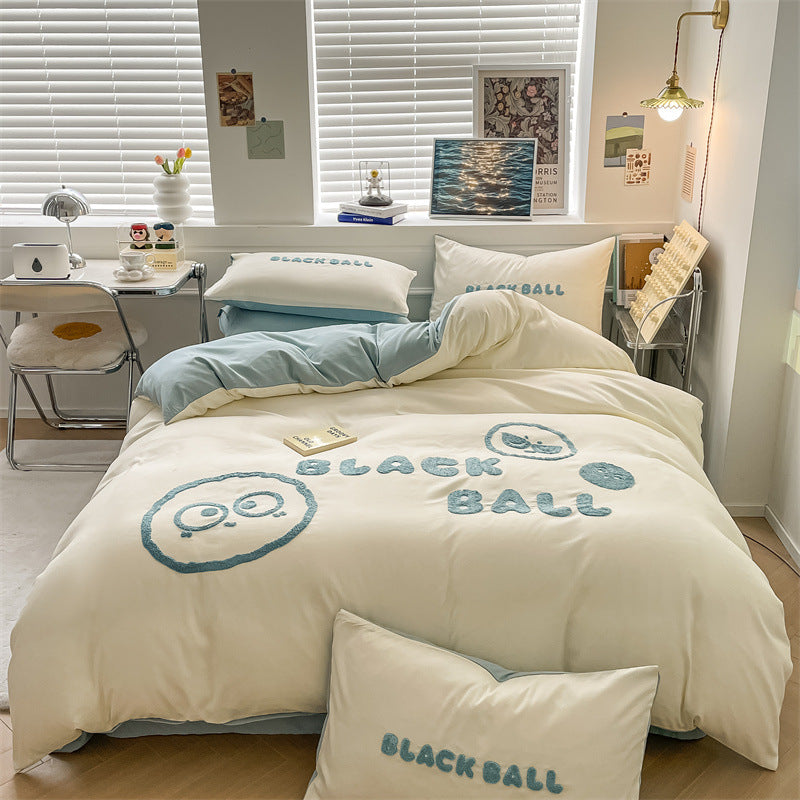 Korean Cartoon Cotton 4-Piece Bedding Set for Kids - Soft Twin/Full Size Bed Sheets & Quilt Cover Set (1077) - Perfect for Boys & Girls Bedrooms, Dorm Rooms & Nursery Decor