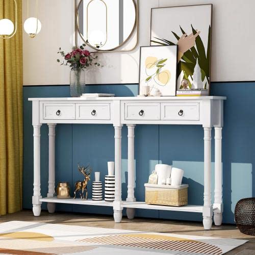 CARBRO Solid Wood Console Table with Storage Drawers & Shelf - Entryway Sofa Table for Living Room, Hallway, or Bedroom - Antique White Rectangular Design for Home Decor
