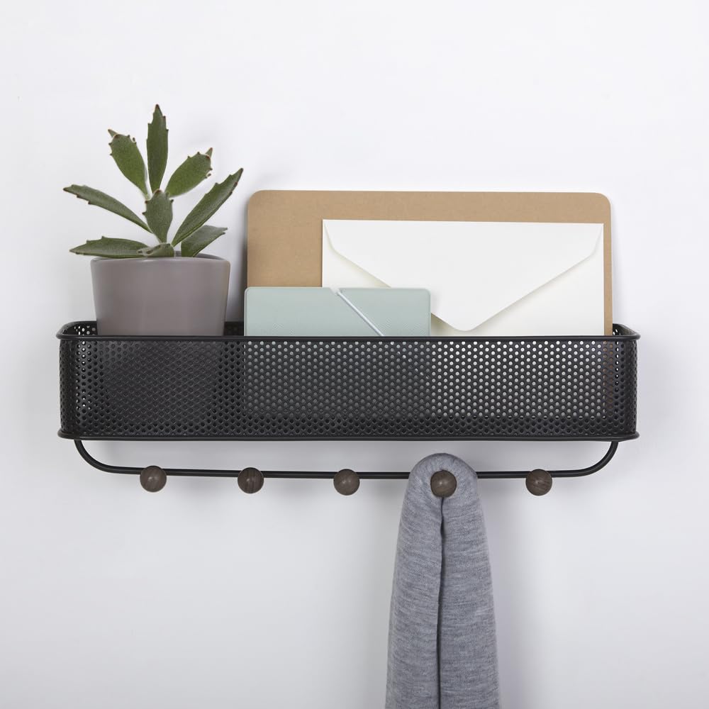 Umbra Estique Small Entryway Organizer - Wall Mounted Shelf with Hooks for Keys, Mail & Accessories | Perfect for Hallway, Foyer & Apartment Organization