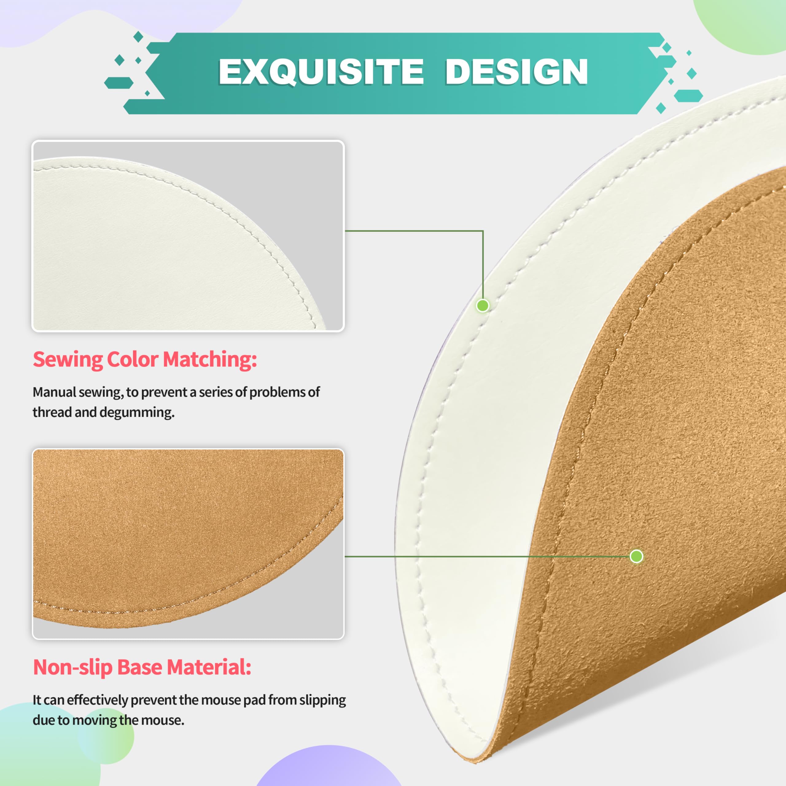 Premium Round PU Leather Mouse Pad with Stitched Edge & Non-Slip Micro-Fiber Base - Waterproof Desk Mat for Computer, Laptop, Gaming (9x9 Inch, White) - Perfect for Office, Home & Gaming Setups