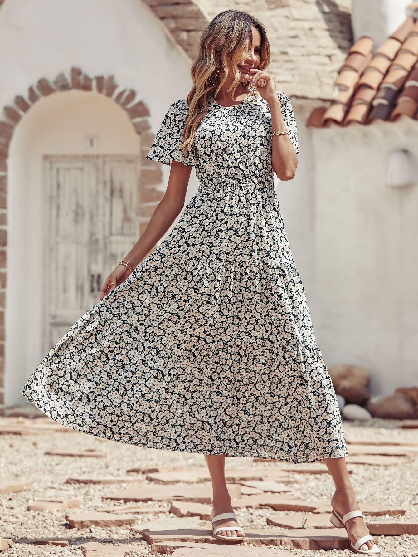 Floerns Women's Short Sleeve Boho Floral A-Line Smocked Midi Dress - Black Floral Print Size XL - Perfect for Summer Vacations, Beach Parties & Casual Outings