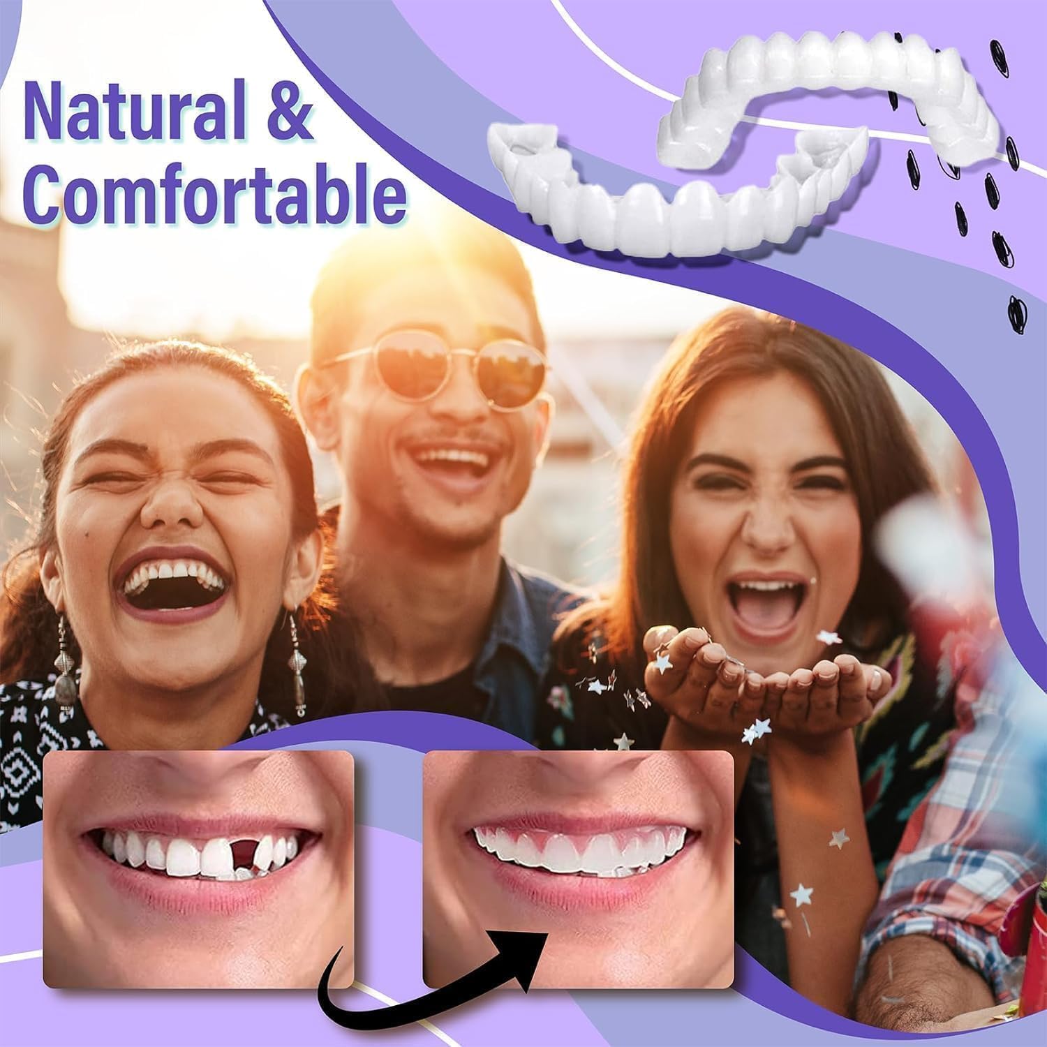 6 PCS Temporary Dentures with Veneer for Men & Women - Fix Crooked, Missing, or Stained Teeth - Perfect for Smile Makeovers, Special Events & Daily Confidence Boost