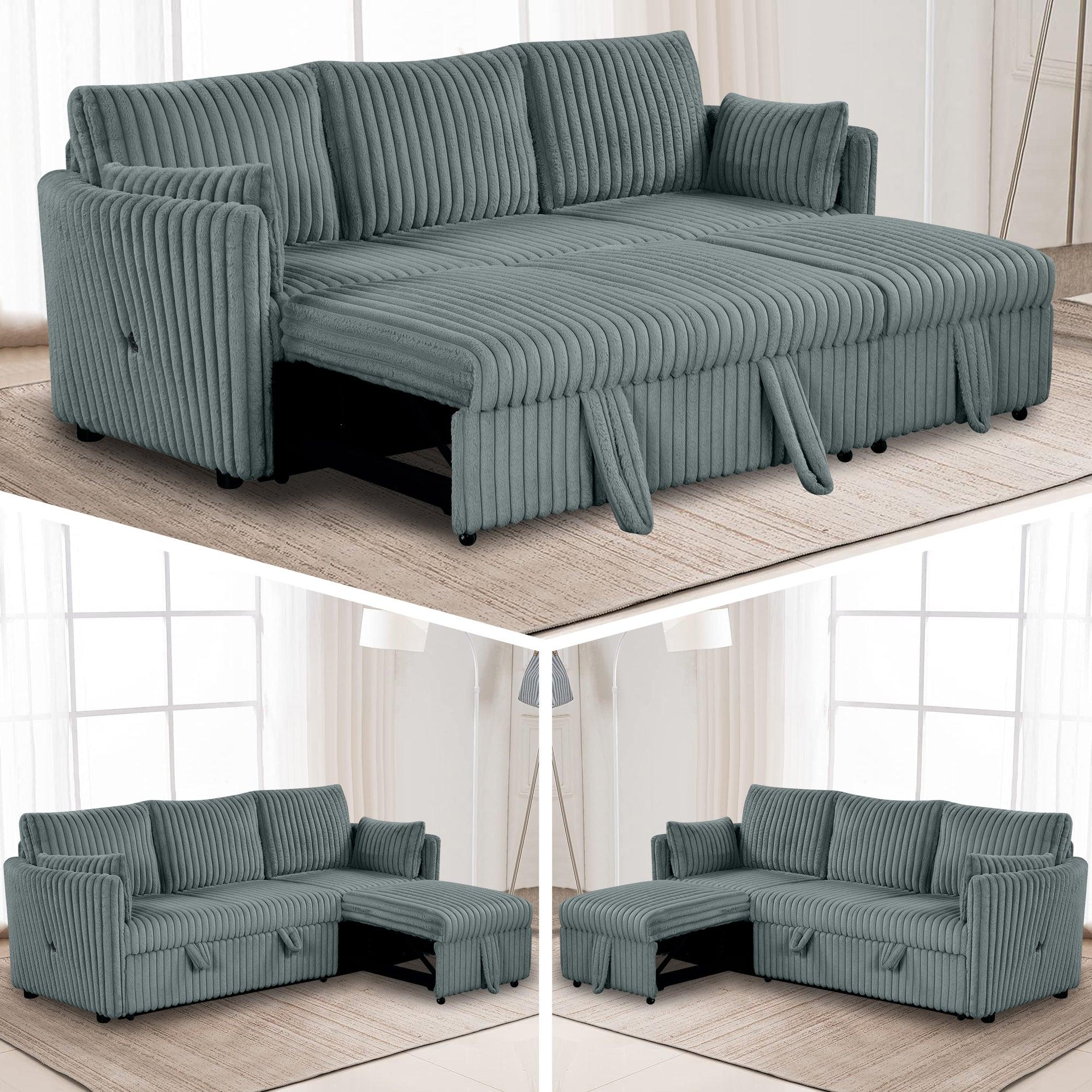Dark Gray Faux Fur Oversized Convertible Sleeper Sectional Sofa with USB Charging Ports - 3-in-1 Couch, Daybed & Pull-Out Chair with 2 Pillows - Modern Living Room Furniture for Small Spaces, Apartments & Home Theater Lounging