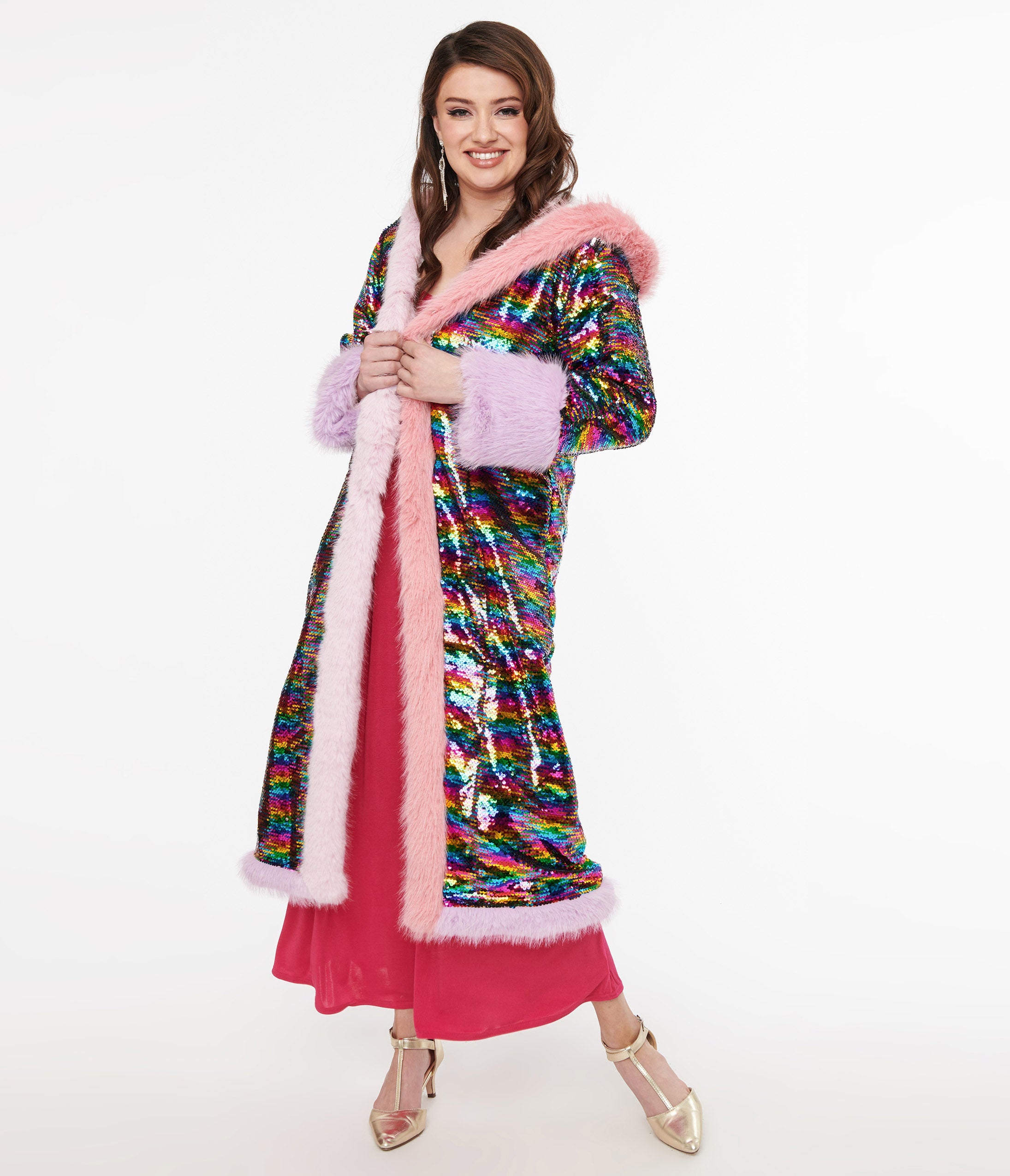 Sparkling Rainbow Sequin Long Coat for Women - Elegant Party Wear, Evening Gala & Special Occasions