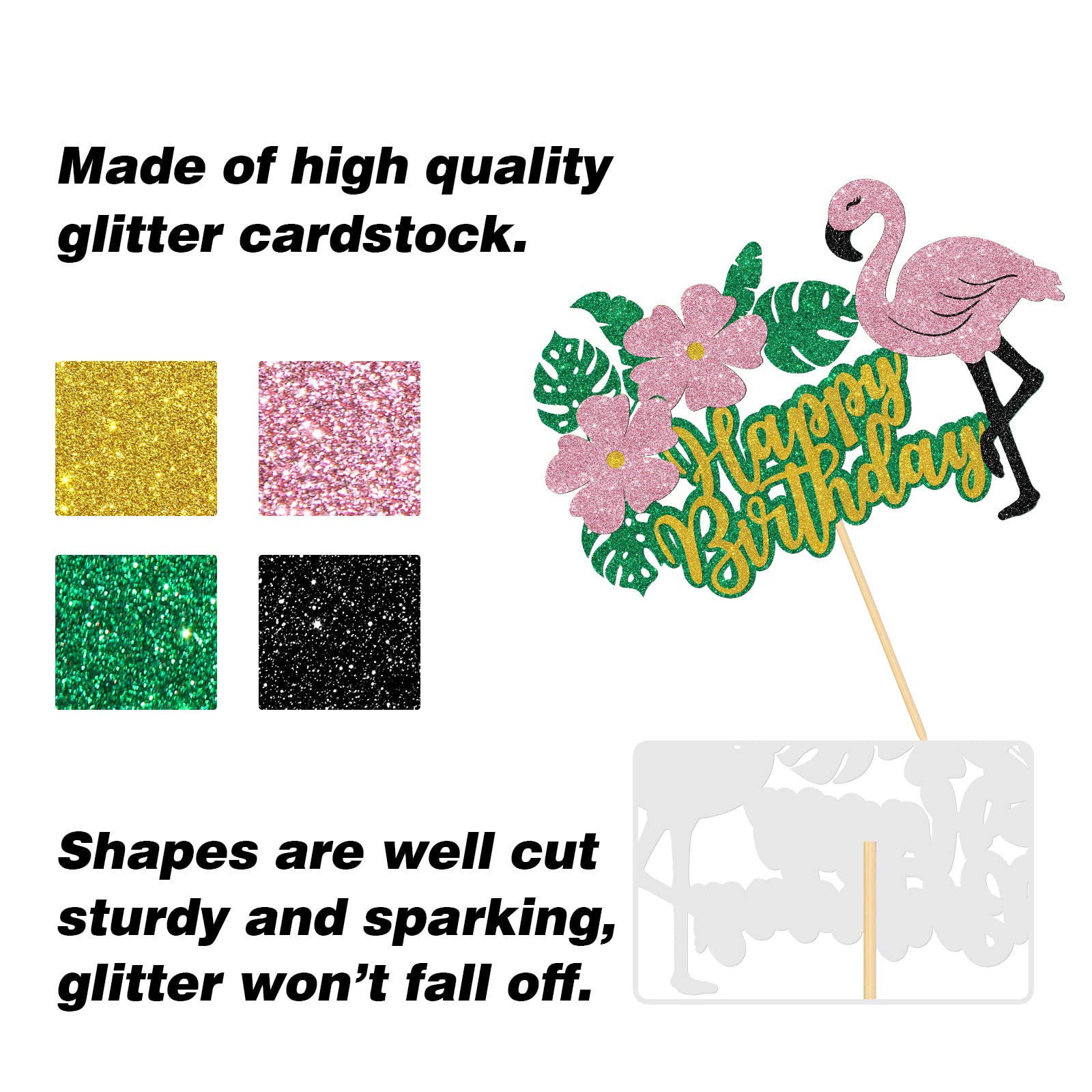 Gold Glitter Flamingo Cake Topper - Happy Birthday Party Decorations for Girls, Tropical Hawaii Theme with Leaf Design - Perfect for Kids Birthday Cakes, Baby Showers & Themed Celebrations