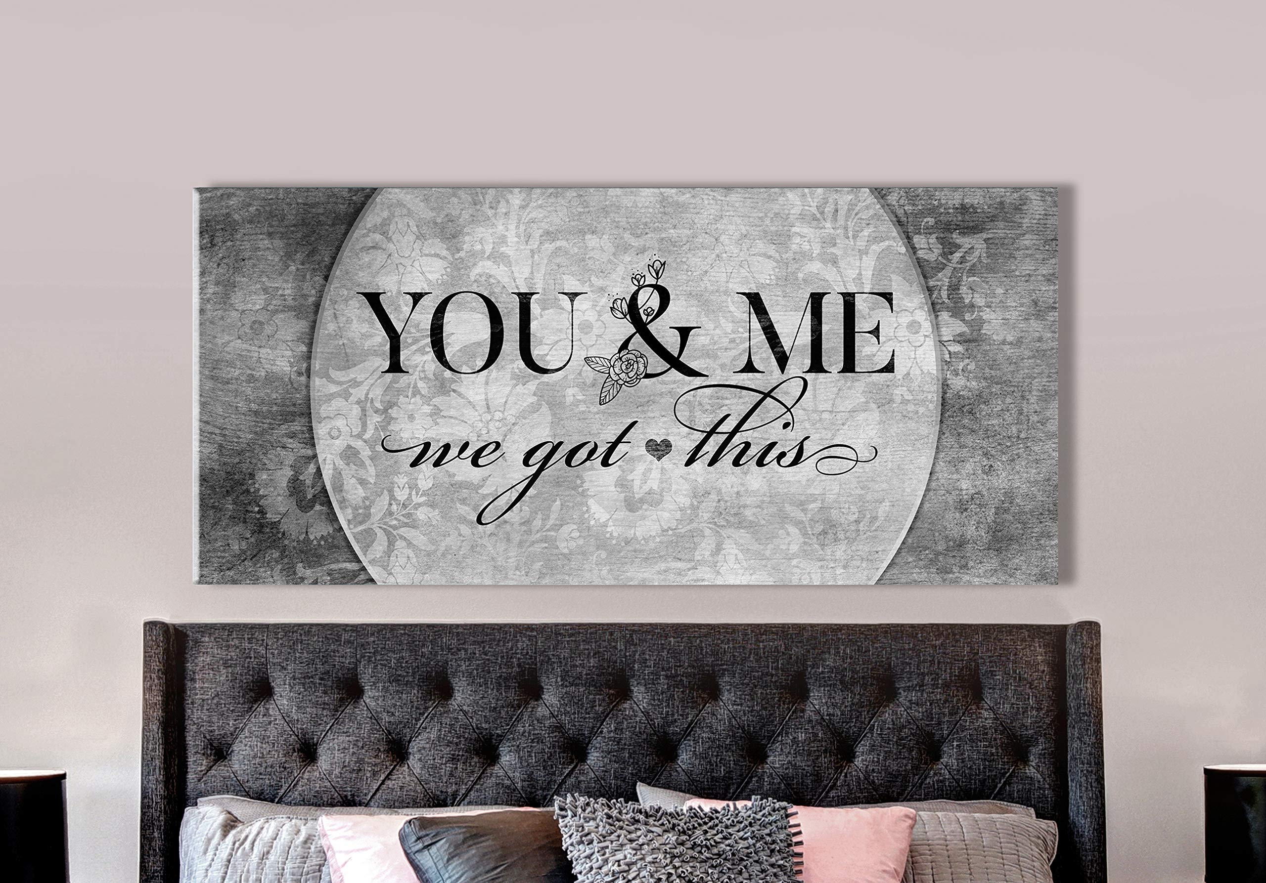 You & Me We Got This V5 Grey Wood Framed Canvas Wall Art - 42x19 Inch Rustic Couples Bedroom Decor, Ready to Hang Above Bed for Romantic Home Decor