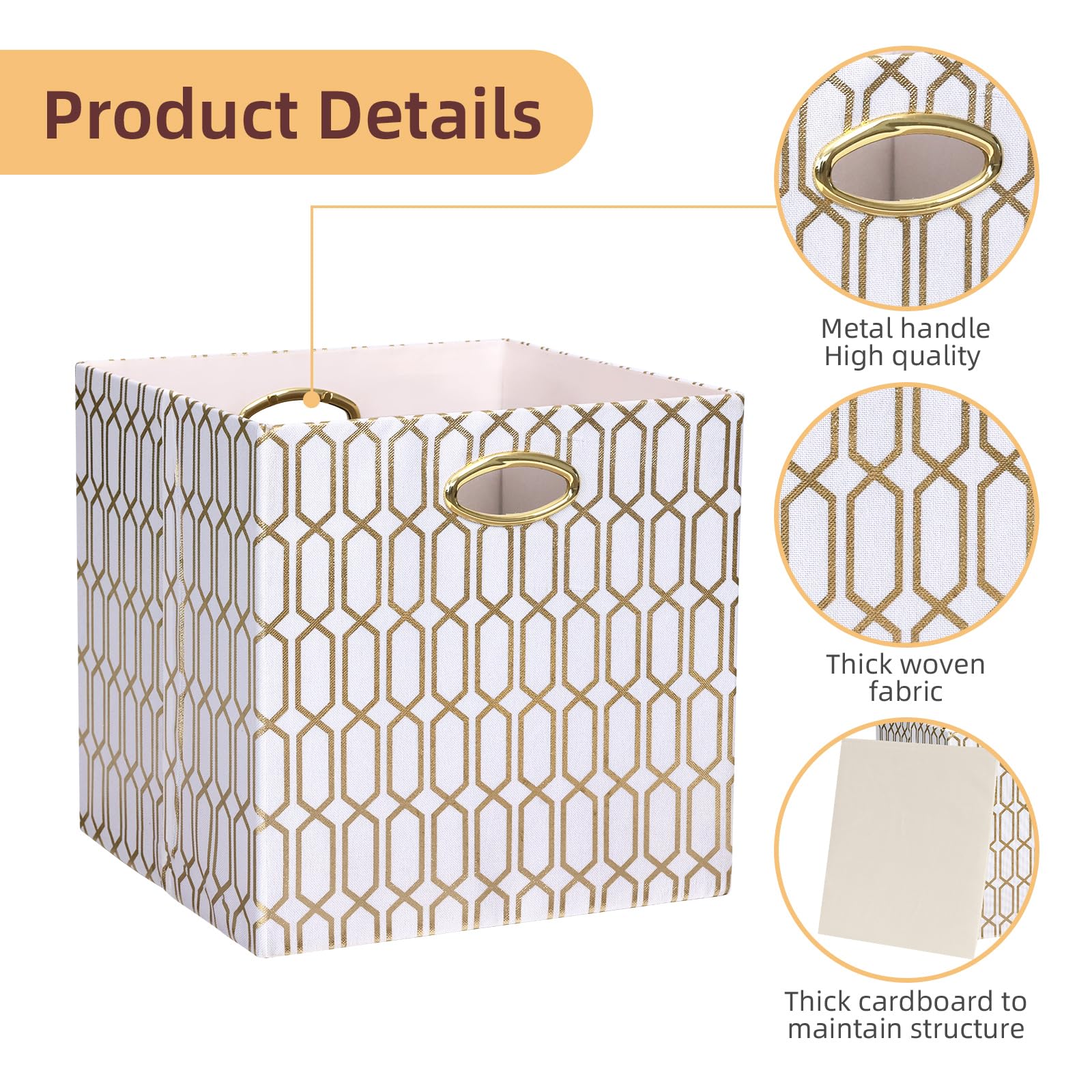 13x13x13 Collapsible Fabric Storage Cube Bins - 4 Pack Organizer Baskets for Shelves, Closet, Wardrobe, Bookshelf & Cabinet - White & Shiny Gold | Perfect for Home Organization, Kids Room & Office Storage