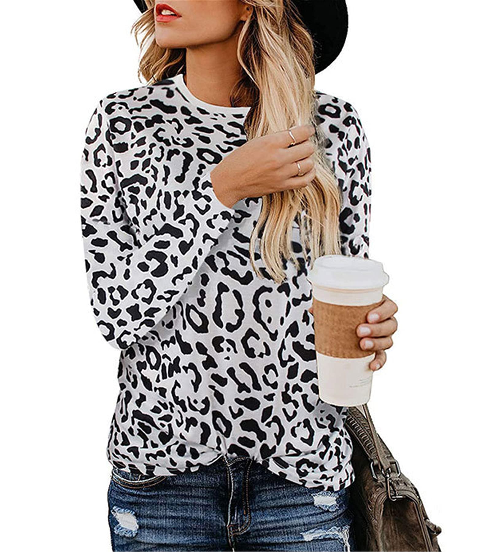 Andongnywell Women's Leopard Print Long Sleeve Round Neck Casual T-Shirt Blouse - Stylish Pullover Top for Everyday Wear, Office, and Date Nights