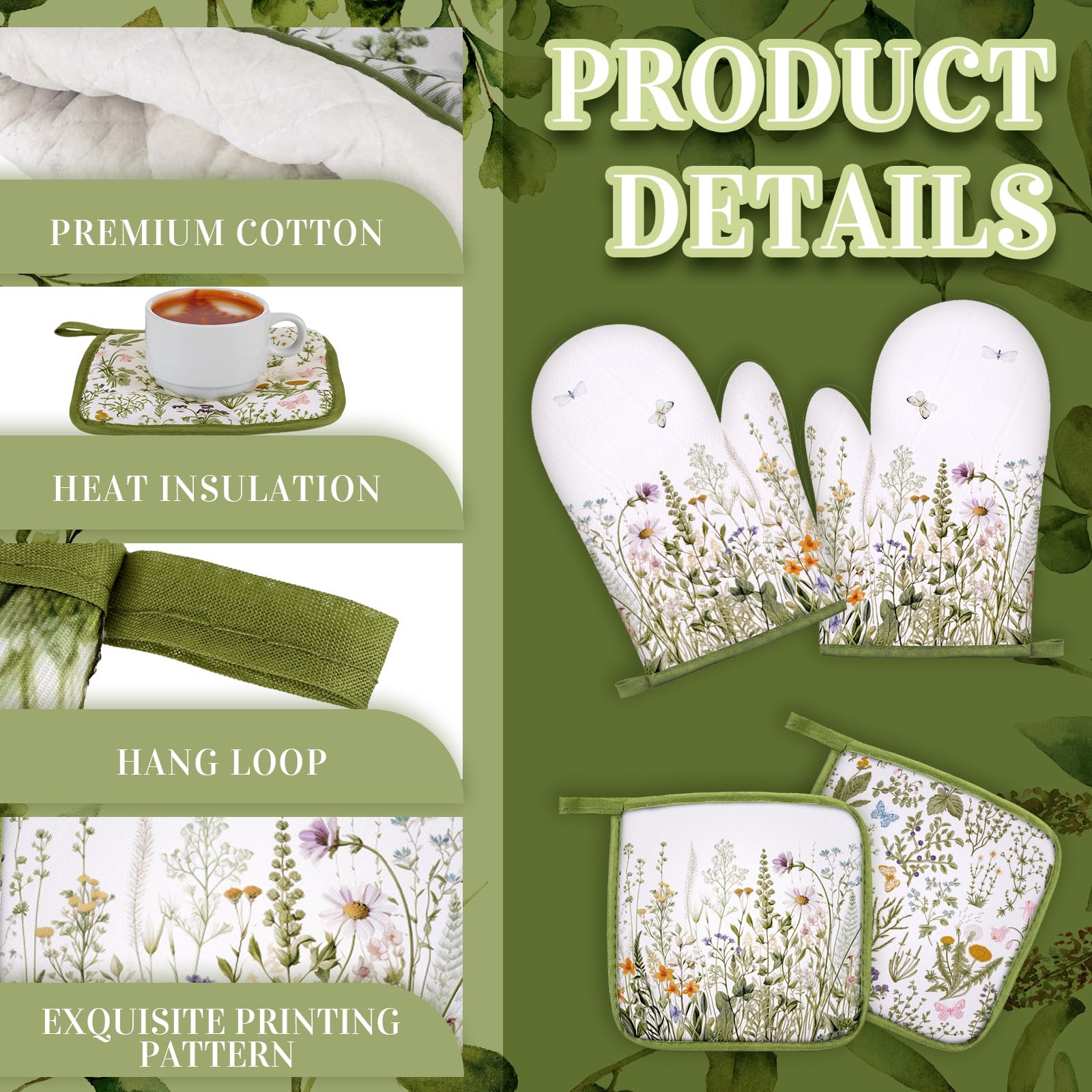 Premium 6-Piece Floral Oven Mitts & Pot Holders Set - Farmhouse Style Heat Resistant Kitchen Towels for Cooking, Baking, Grilling - Green Spring Flower Design - Perfect for Holiday Gifts & Rustic Kitchen Decor