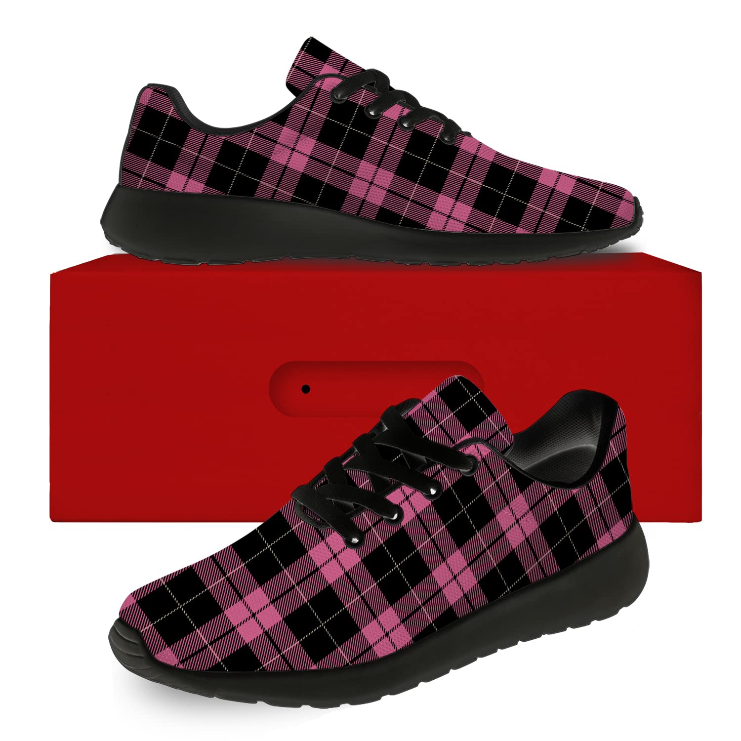 Men's & Women's Plaid Running Shoes - Buffalo Black Pink Tartan Check Sneakers for Walking, Tennis & Casual Wear - Size 10.5 Men/12 Women (Black & Pink) - Perfect Gifts for Boys & Girls - Ideal for Jogging, Gym Workouts & Everyday Fashion