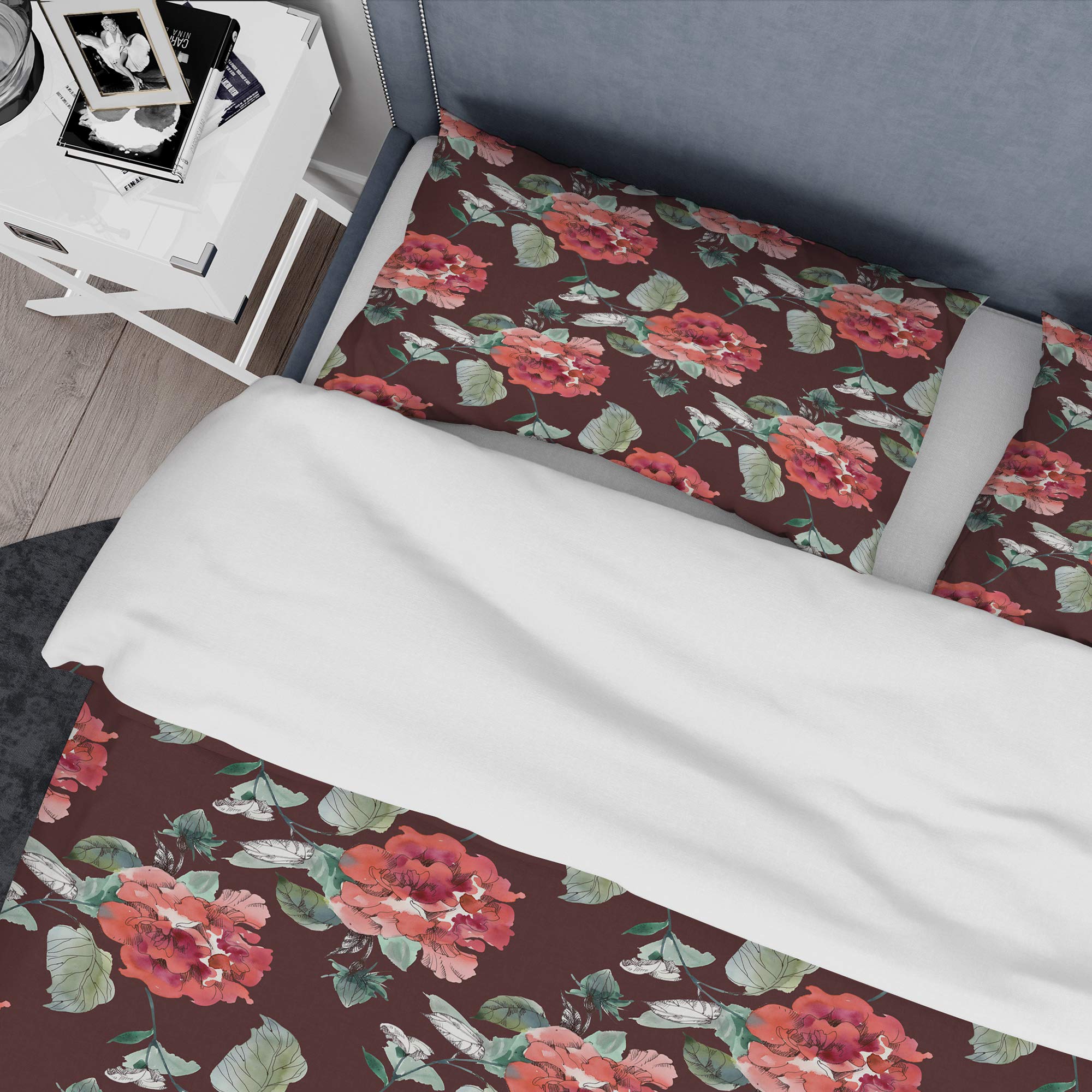 DesignQ Red Rose Floral Duvet Cover Set King Size - 3 Piece Nautical Coastal Bedding with Brown Background | Soft Pink All-Season Comforter Cover | Perfect for Beach House, Master Bedroom & Guest Room Decor