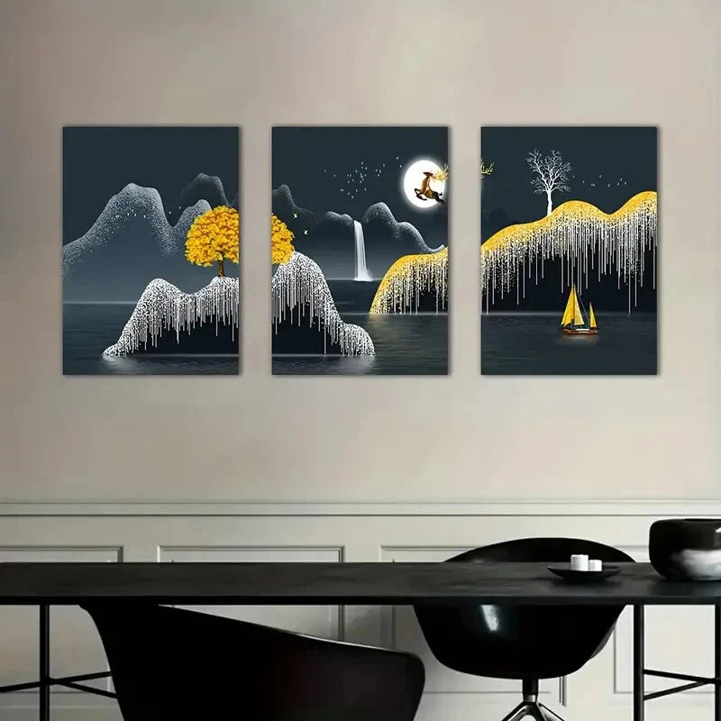 3-Piece Elk Jumping in Moonlight Landscape Metal Wall Art Prints - Ready to Hang Home Decor for Living Room, Bedroom & Office