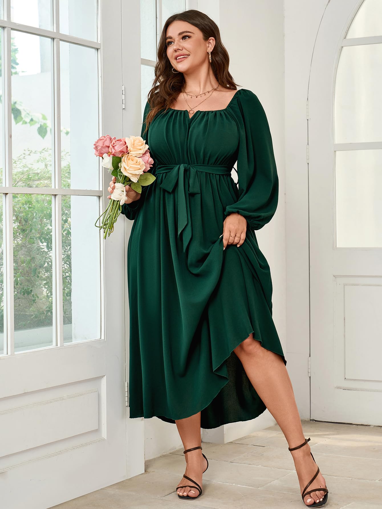 **SCOMCHIC Women's Plus Size Maxi Dress - Long Sleeve Square Neck Elegant Flowy A-Line Wedding Guest Cocktail Dress with Belt | Perfect for Weddings, Parties & Formal Events**