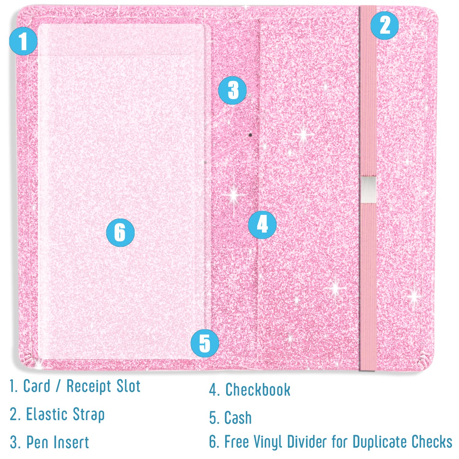 Sparkly Glitter Checkbook Cover for Women & Girls - Bling PU Leather RFID Blocking Checkbook Holder with Pen Loop & Elastic Strap | Fits Top/Side Tear Checks | Perfect for Everyday Banking, Bill Payments & Gift Giving (Pink)