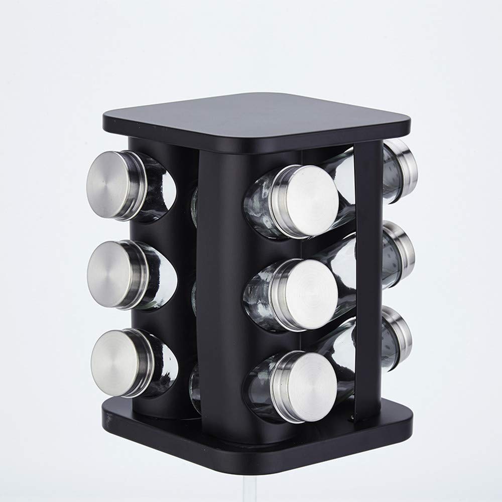 Stainless Steel Rotating Spice Rack - 12-Piece Seasoning Organizer with Glass Bottles for Salt, Pepper & Sugar | Perfect for Kitchen Countertops & Restaurant Tables