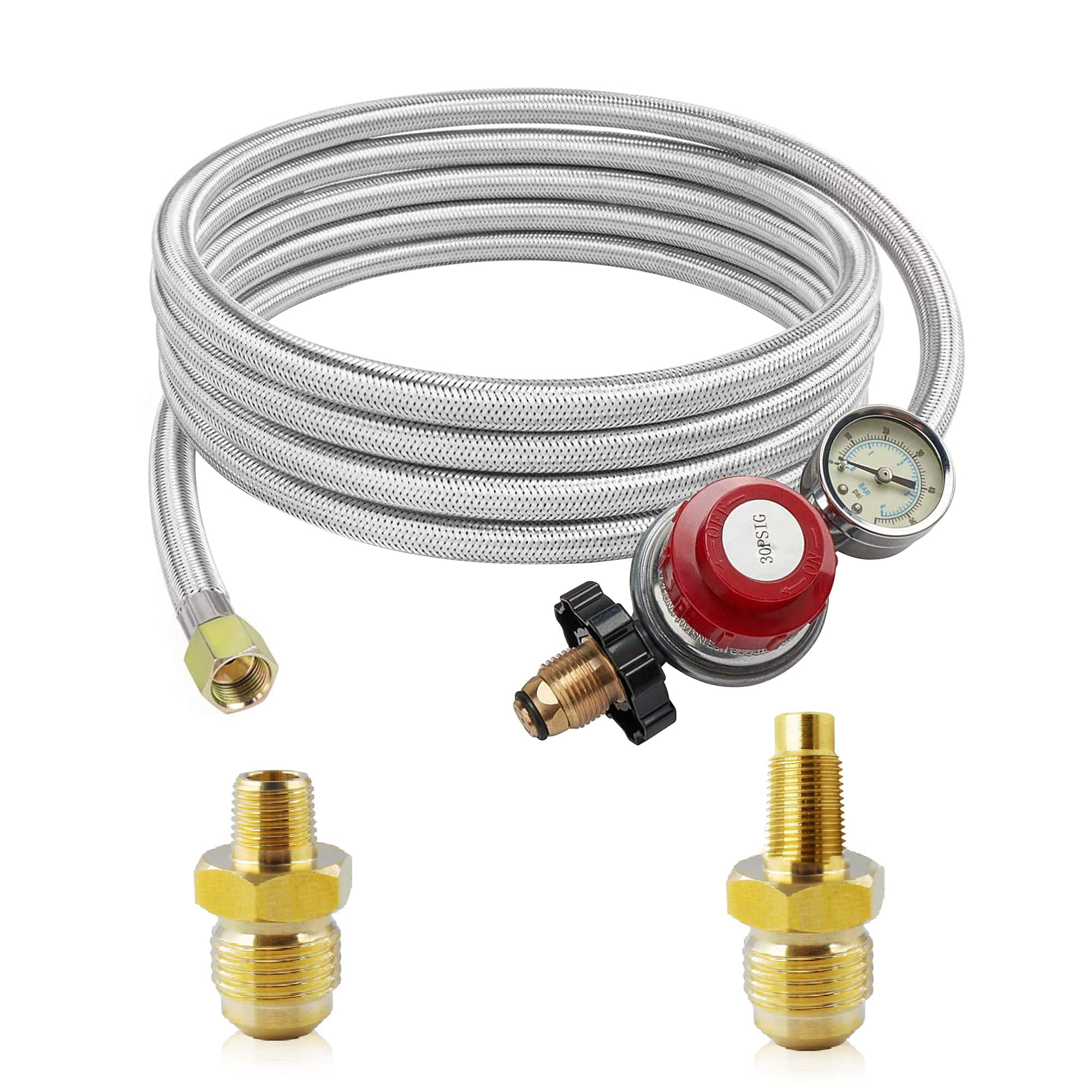 MCAMPAS 12FT 0-30 PSI High Pressure Adjustable Propane Regulator with Gauge, 3/8