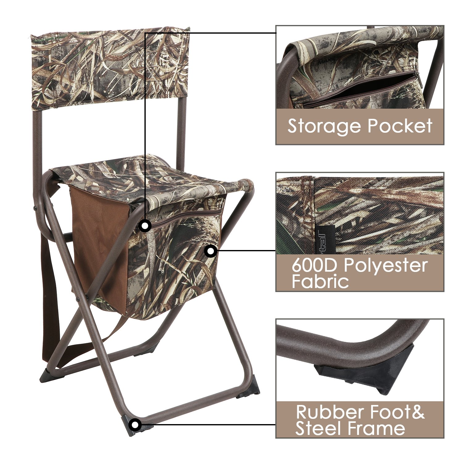 Lightweight Folding Camping Chair with Backrest & Storage Pocket - Portable Stool for Hunting, Fishing, Beach, Picnic - Supports 225 lbs (Camouflage) | Perfect for Outdoor Adventures, Tailgating & Backyard Relaxation