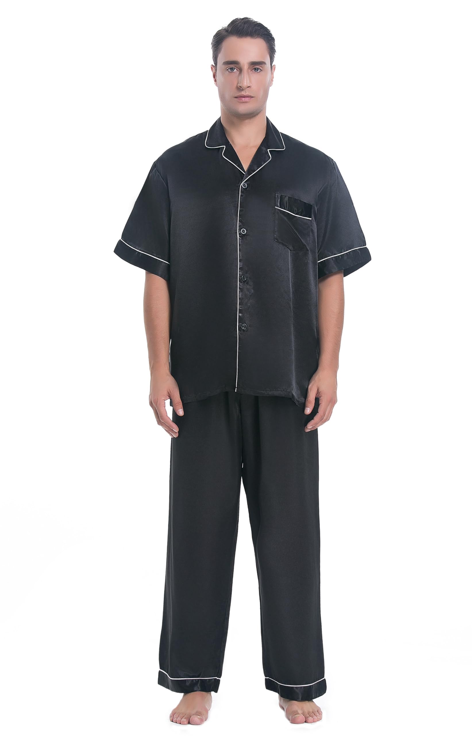 Lavenderi Men's Short Sleeve Silk Satin Pajama Set - Soft & Breathable Sleepwear for Lounge & Relaxation at Home