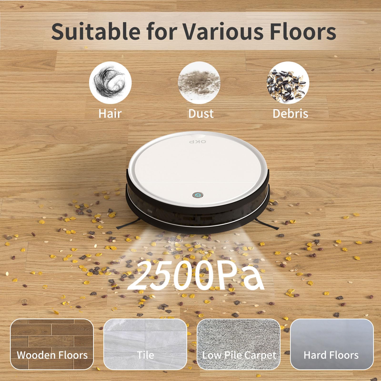 OKP K5 Robot Vacuum Cleaner 2500Pa Strong Suction - Smart WiFi/App/Alexa Connected - Self-Charging - 120 Min Runtime - Ultra Quiet - Slim Design - Works on Hard Floors, Carpets & Pet Hair - Ideal for Home, Office & Pet Owners