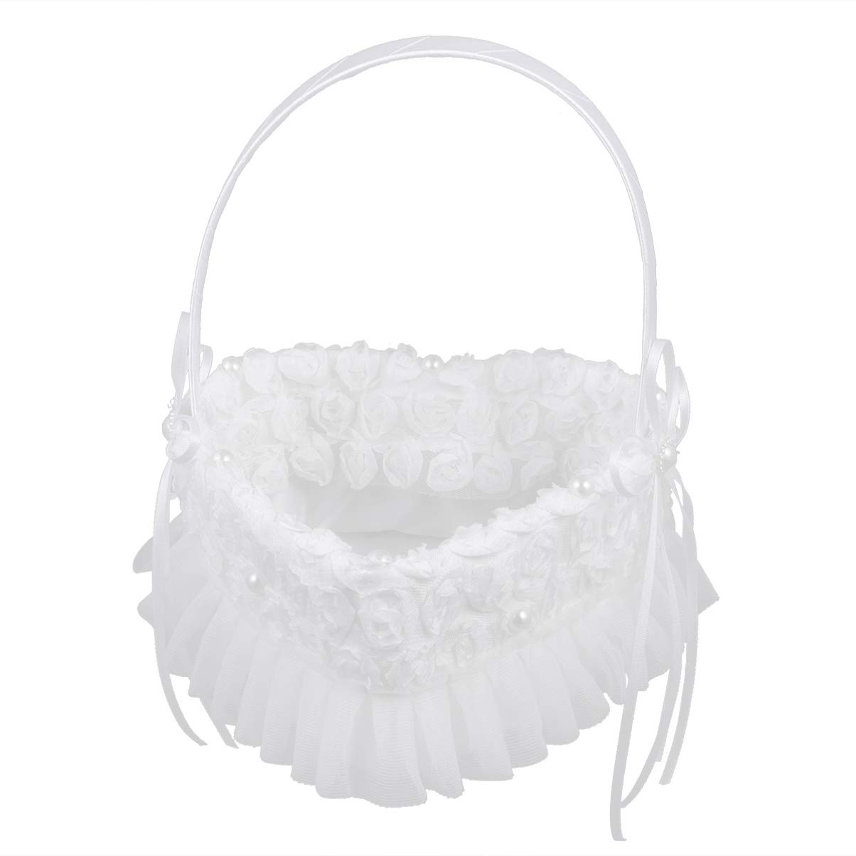 Happyyami White Heart-Shaped Lace Wedding Basket with Satin Roses - Bridal Flower Petal Holder for Wedding Ceremony, Reception & Party Decorations - Perfect for Aisle Scattering, Table Centerpieces & Photo Props
