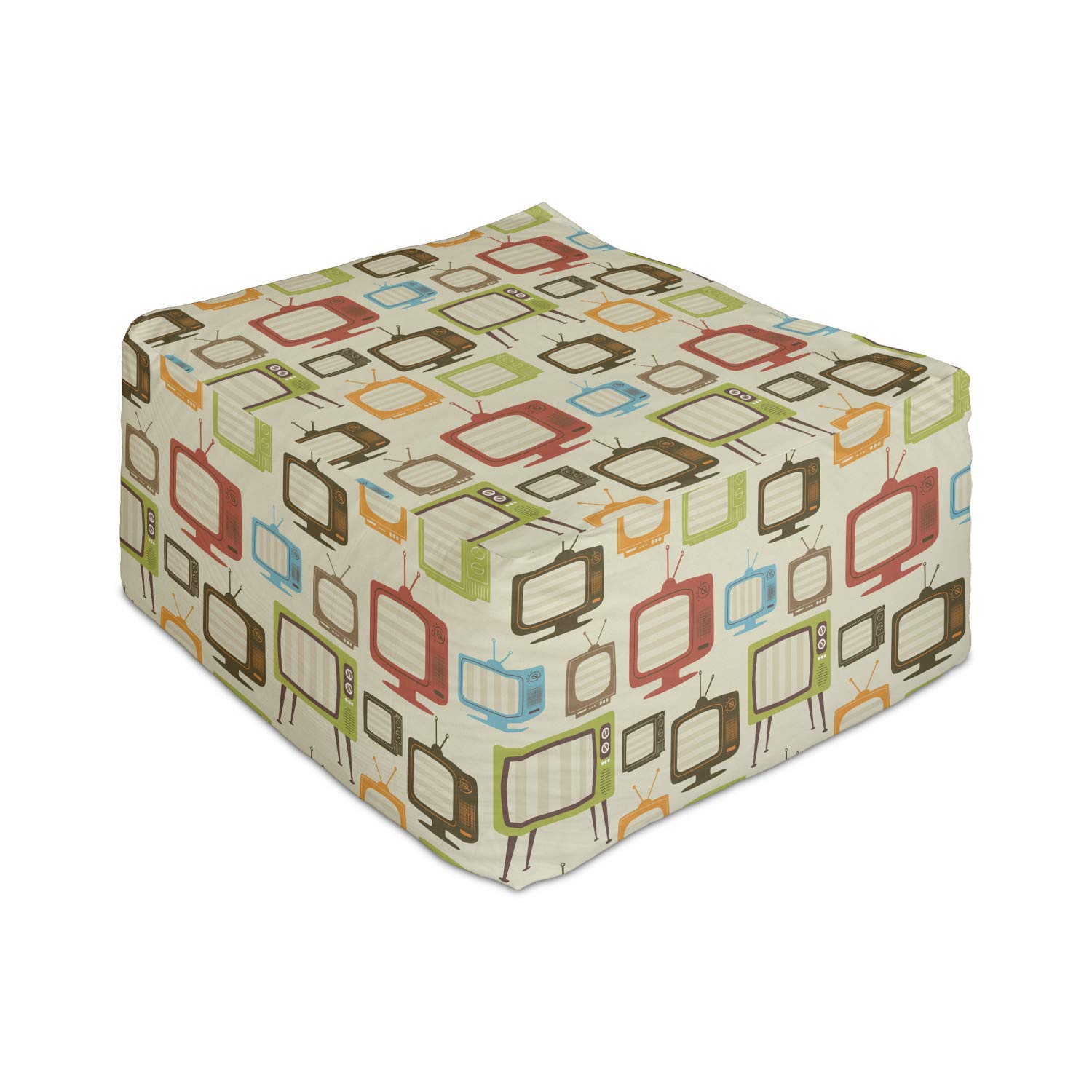 Ambesonne Vintage Rectangle Pouf Ottoman - Retro TV Pattern Foot Stool with Removable Cover, 25 Inch Multicolor for Living Room & Office - Perfect as Under Desk Footrest, Lounge Chair Companion or Cozy Reading Nook Accent