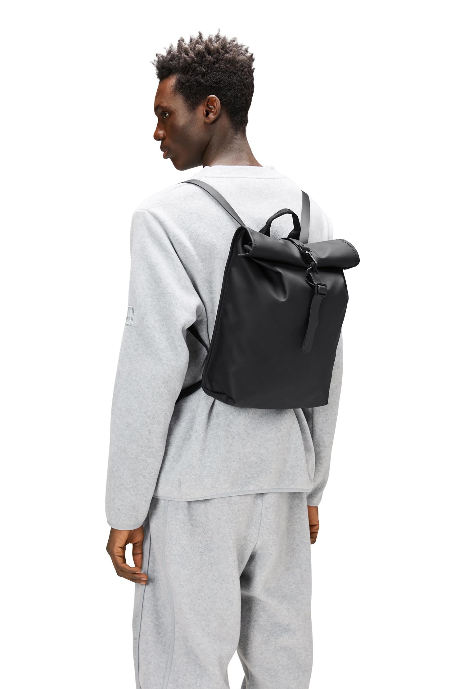 RAINS Rolltop Rucksack Mini Backpack - Waterproof Travel Daypack for Men & Women, Lightweight Hiking Backpack with Laptop Sleeve (Black) - Perfect for Commuting, College, Outdoor Adventures & Daily Use