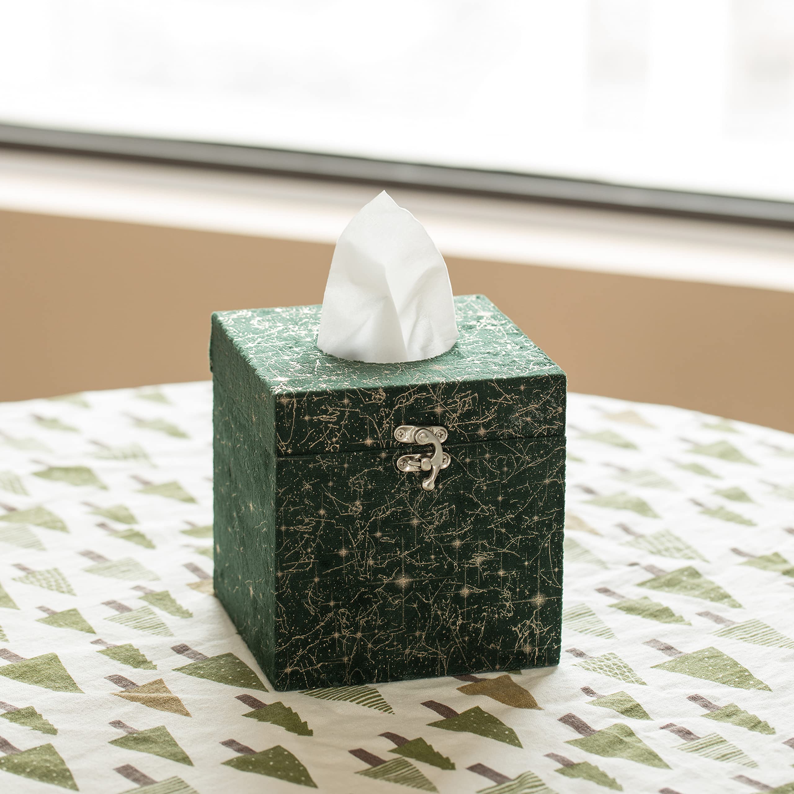 Square Velvet Modern Paper Facial Tissue Box Cover Holder - Stylish Home & Office Desk Organizer for Living Room, Bedroom, Bathroom - Green