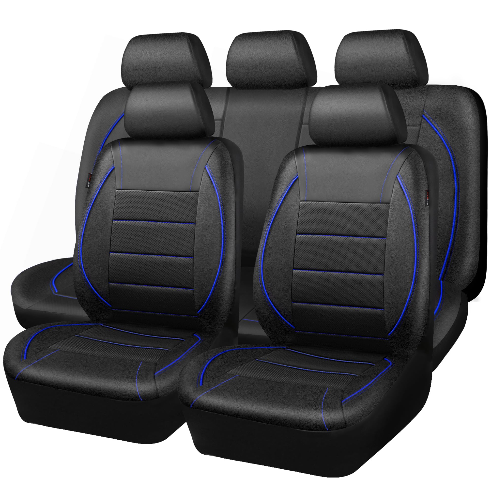 CAR PASS Universal FIT Piping Leather Car Seat Cover - Airbag Compatible, Inside Zipper Design, Reserved Opening Holes for SUVs, Vans, Trucks - Full Set Black and Blue for Road Trips & Daily Commute