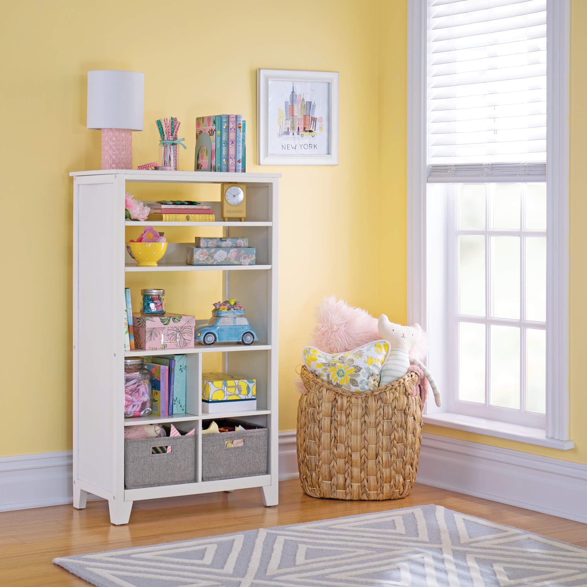 Martha Stewart Kids' Tall Bookcase - 48 Inch Wooden Storage Organizer with Fabric Bins, Creamy White - Perfect for Playroom, Bedroom & Nursery Organization