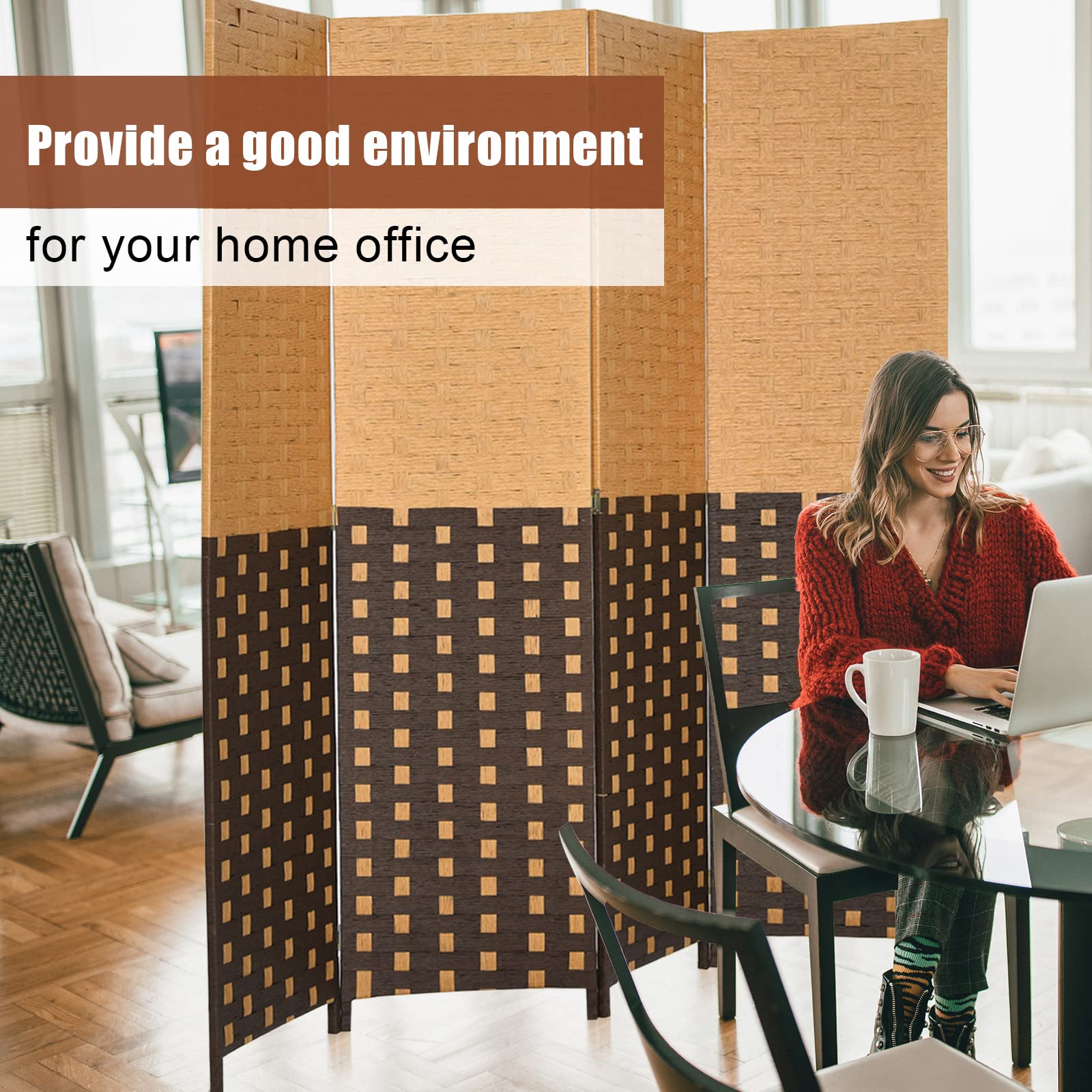 Giantex 4-Panel Handmade Rattan Room Divider Screen - 6FT Tall Freestanding Wood Partition for Home, Office & Bedroom - Portable Folding Privacy Screen for Indoor Spaces & Room Separation
