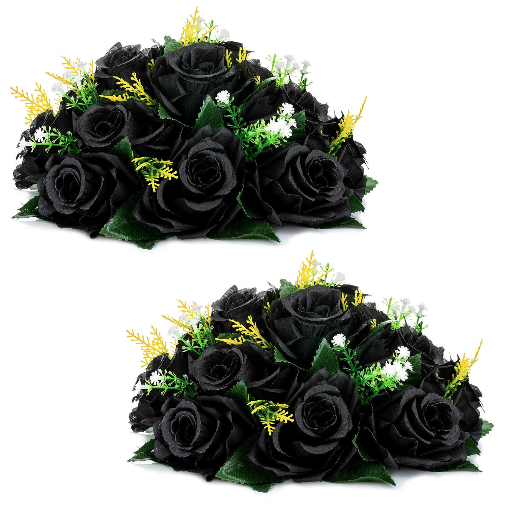 NUPTIO Black Roses Artificial Flowers - 2 Pcs Fake Flower Bouquet with Hydrangea, 15 Heads Realistic Fake Roses with Base - Perfect for Home Decor, Wedding Centerpieces & Gothic Themed Events