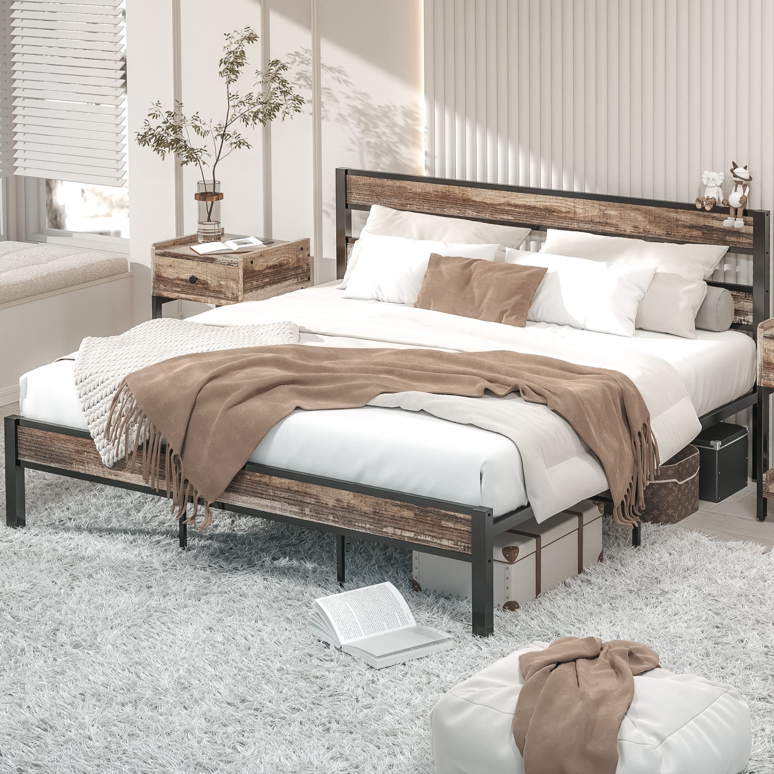 LIKIMIO California King Bed Frame with Headboard - Easy Assembly, Noise-Free Metal Platform Bed, Heavy Duty Support (No Box Spring Needed) - Rustic Brown Finish for Master Bedroom & Guest Room
