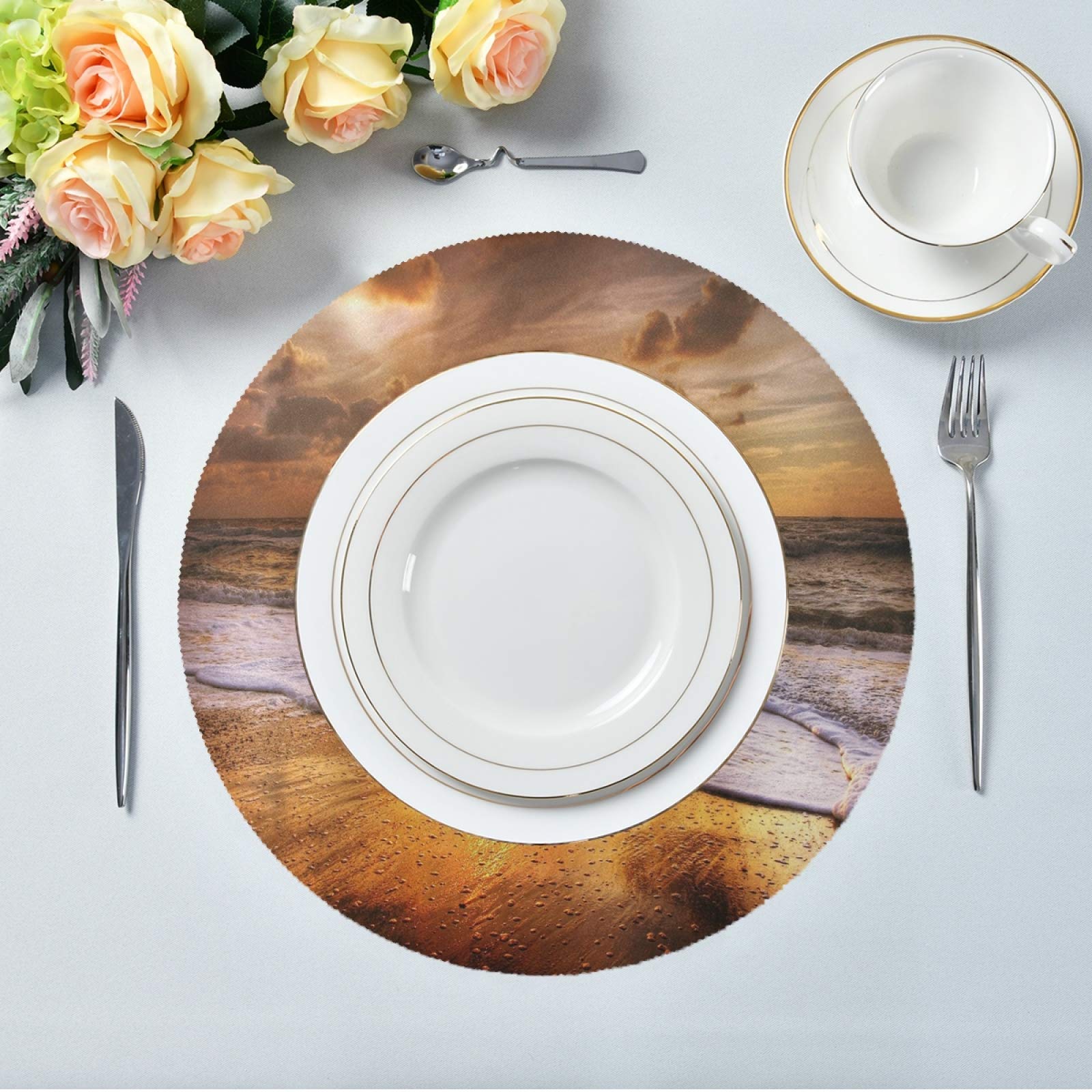 6-Piece Round Heat-Resistant Placemats Set - Sunset Sea Beach Design for Dining Table, Kitchen, Party & Home Decor | Washable & Durable for Everyday Use | Perfect for Indoor/Outdoor Dining, Entertaining & Daily Meals