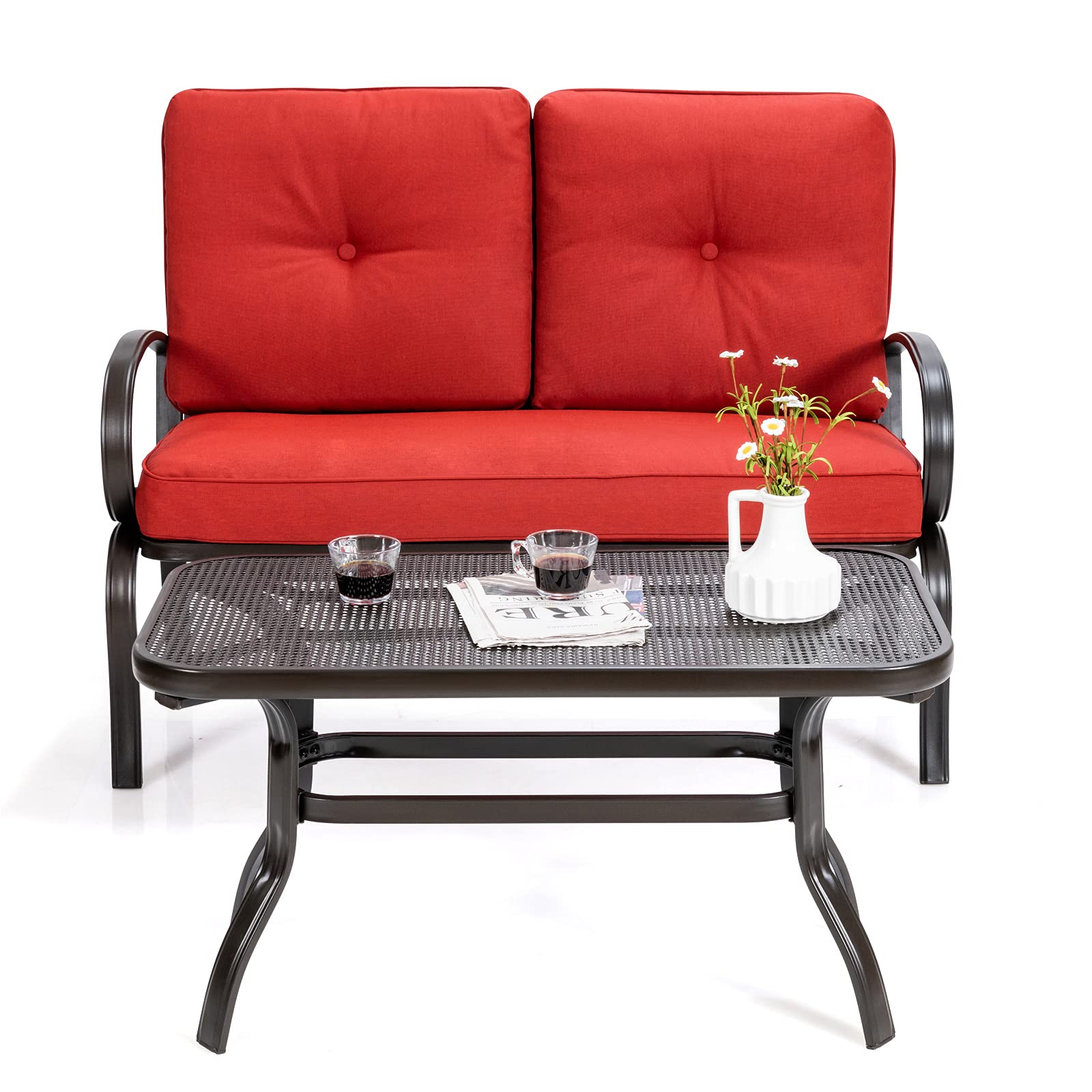 Giantex Outdoor Loveseat with Coffee Table - Patio Bench Set with Cushion & Sturdy Metal Frame - Garden, Yard, Poolside Furniture - Perfect for Relaxing, Entertaining & Sunbathing (Red & Black)
