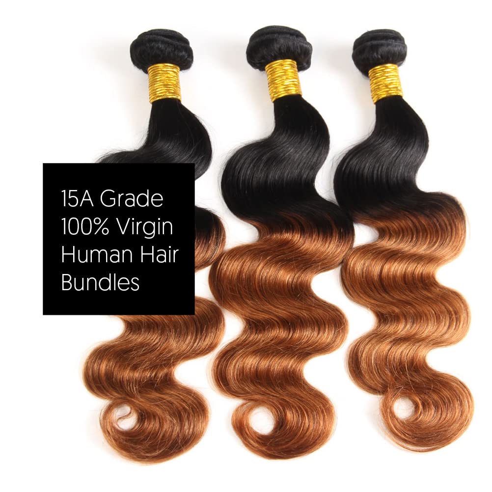 15A Brazilian Bundles Human Hair - 100% Unprocessed Virgin Remy Human Hair Body Wave 3 Bundles (T1B/350, 20,22,24) - Perfect for Sew-in Weaves, Clip-in Extensions & Natural Hairstyles