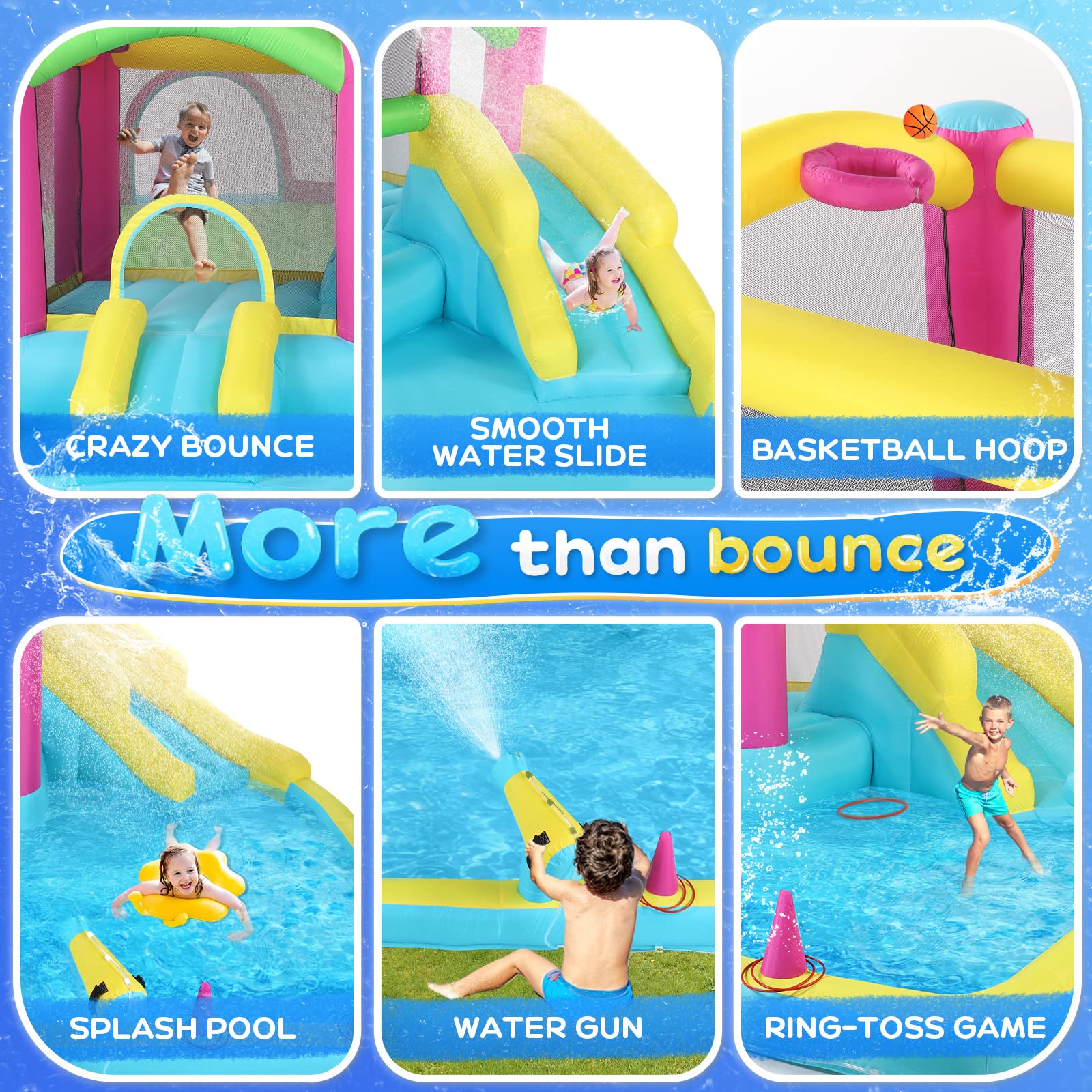 JOYMOR Inflatable Bounce House with Double Water Slide for Kids Ages 3-10 | Outdoor Water Play with Splash Pool, Water Cannons & Ring Toss Games | Indoor/Outdoor Bouncy Castle with Air Blower | Perfect for Backyard Parties, Summer Fun & Birthday Celebrations