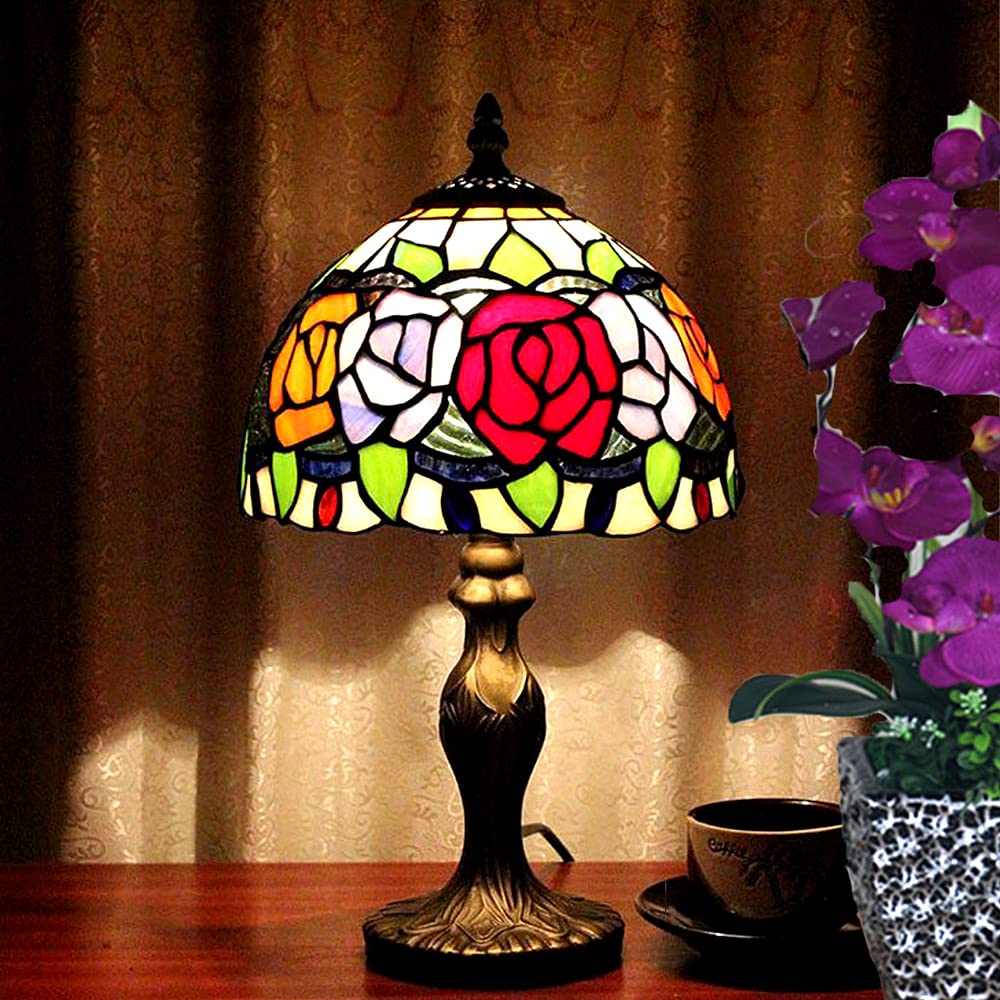 Tiffany Rose Stained Glass Table Lamp - 15 Inch Tall, 8 Inch Wide Shade, Antique Zinc Base with Bulb Included - Perfect for Living Room, Bedroom, Kitchen & Family Room Decor