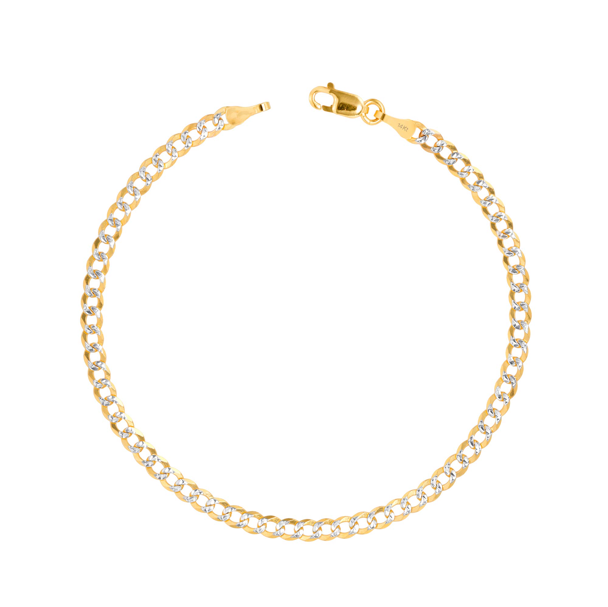 14K Real Yellow Gold Solid Cuban Curb Link 3mm Diamond Cut Pave Chain Bracelet for Men & Women (7