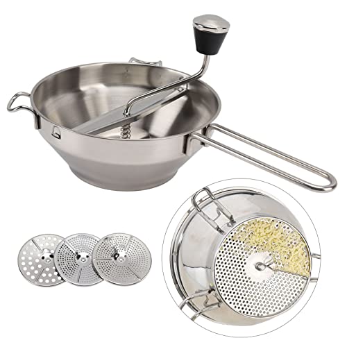 Stainless Steel Manual Food Mill with 3 Interchangeable Grinding Plates - Anti-Slip Handle & Soft Grip for Easy Pureeing - Perfect for Mashed Potatoes, Baby Food, Sauces & More - Ideal for Home Cooking, Meal Prep & Healthy Eating