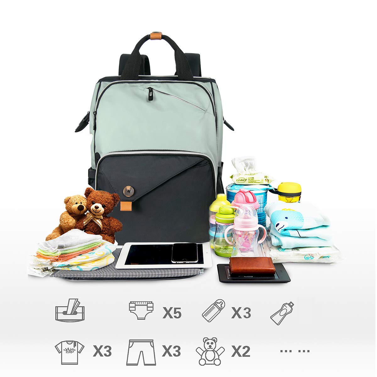 Hap Tim Large Waterproof Diaper Backpack for Travel & Maternity - Spacious Baby Nappy Bag with Stroller Straps & Double Compartments, Mint Green & Black (US7340-GB) | Perfect for Daycare, Outings & Family Trips