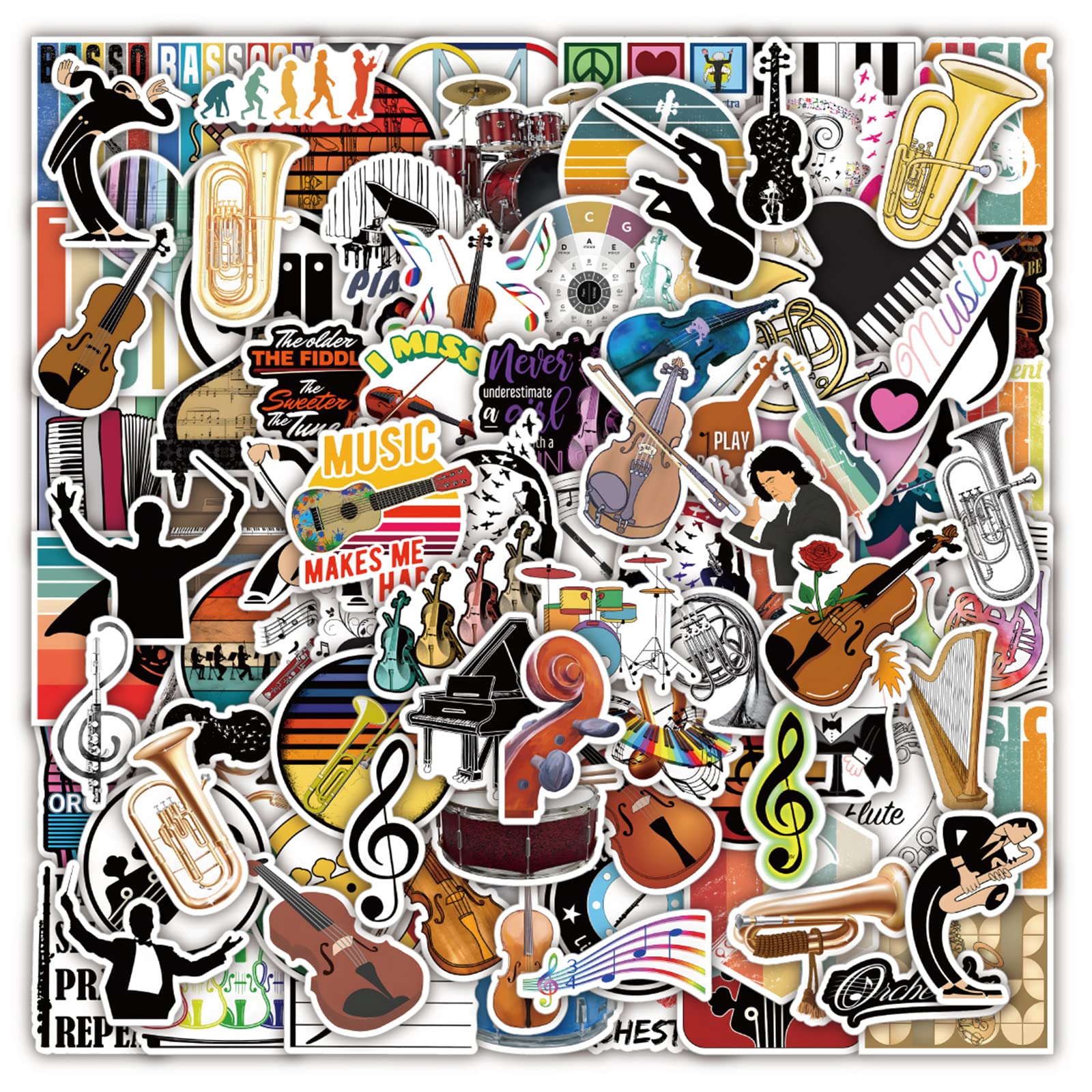 100Pcs Orchestral Stickers Pack - Vinyl Music Instrument Stickers for Kids & Teens - Waterproof Classical Music Aesthetic Decals for Water Bottles, Laptops, Hydroflasks, Guitars, Violins - Perfect for School, Music Class, Band Practice & DIY Projects