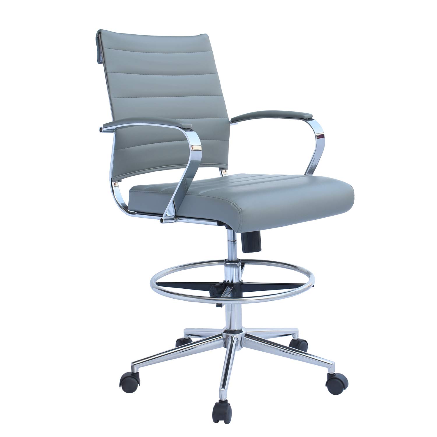 2xhome Modern Adjustable Ergonomic Office Chair with Arms - Grey Ribbed Designer Drafting Chair for Home Office, Computer Work & Creative Workspaces