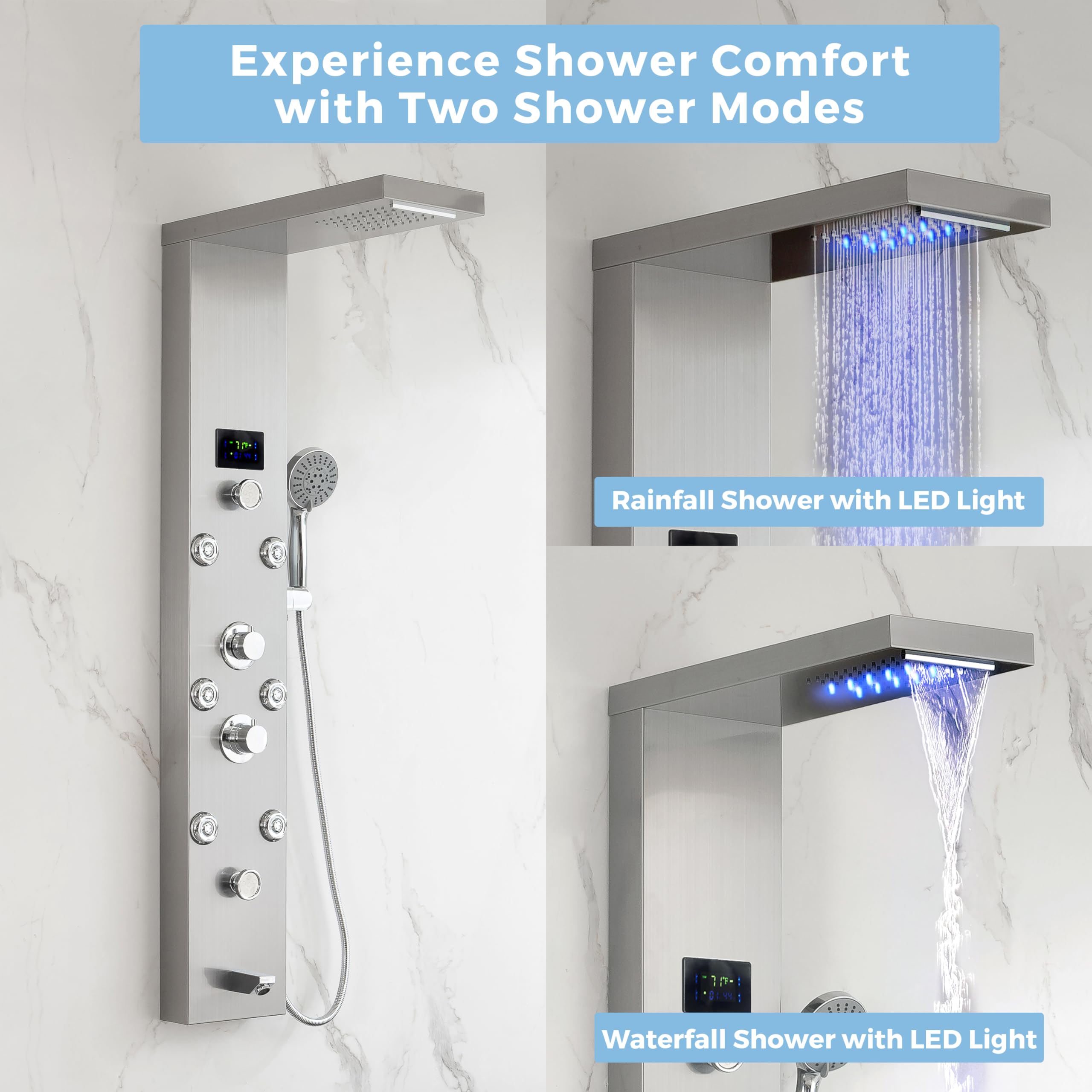 DELAVIN Stainless Steel LED Shower Panel Tower with Temperature Display - 5-Function Rainfall, Waterfall, Massage Jets, Tub Spout & Handheld Showerhead in Brushed Nickel | Perfect for Spa-Like Bathroom Upgrades & Luxury Shower Experiences