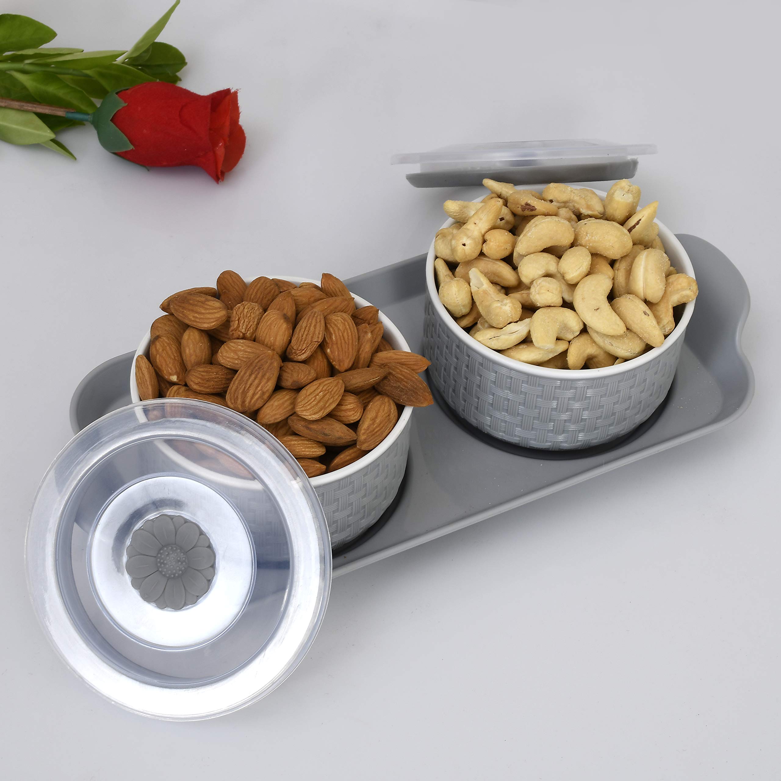 Premium Walnut Checkered Plastic Serving Tray Set with 2 Airtight Snack Bowls - 3-Piece Kitchen Organizer for Parties, Dining & Home Decor (Grey, HEART11087) - Perfect for Entertaining, Snack Storage & Coffee Table Display
