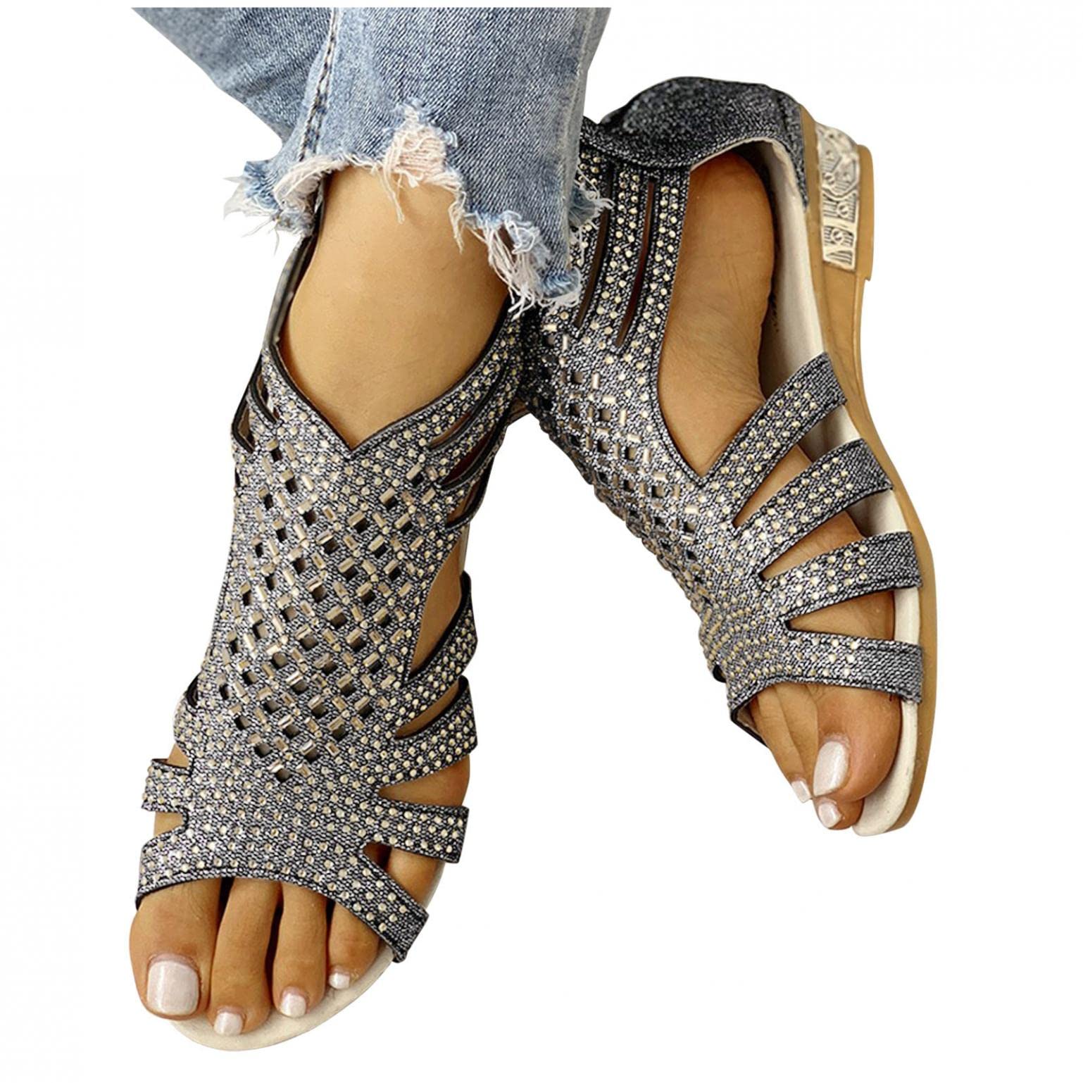 Women's Summer Sandals - Elegant Crystal Strappy Open-Toe Flat Sandals for Casual Wear, Beach & Retro Style | Perfect for Vacation, Wedding & Outdoor Events
