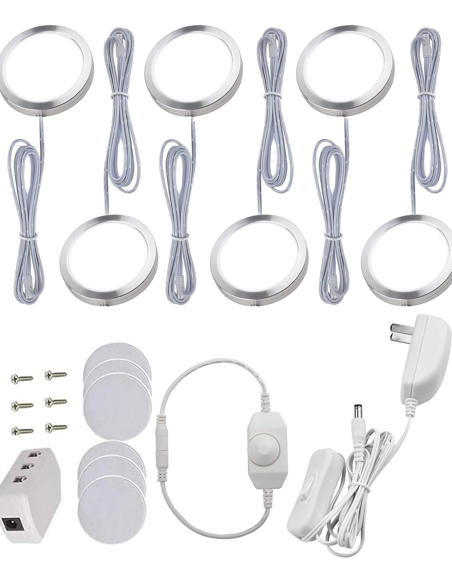 Cefrank 6-Pack Dimmable LED Puck Lights - 18W 1500 Lumens Under Cabinet Lighting Kit with Rotary Dimmer Switch - White 6000K for Kitchen, Closet, Bookcase, Shelf - Perfect for Task Lighting & Home Decor